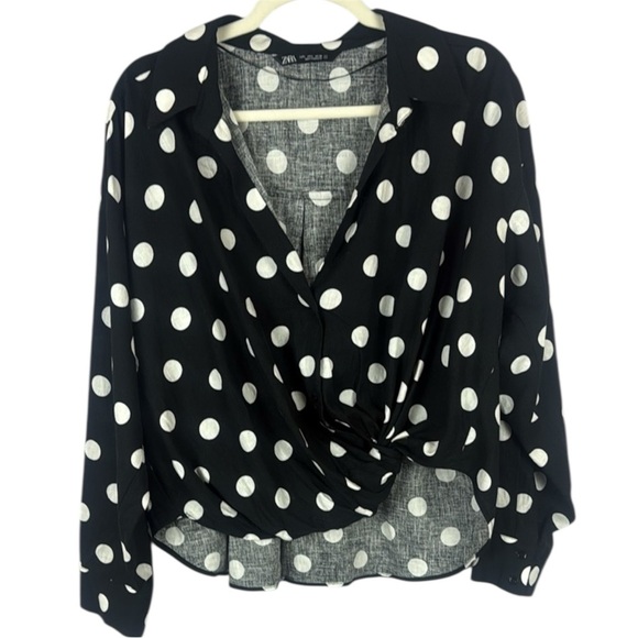 Zara Linen Blend Polka Black and White Wrap Blouse with Long Sleeves Size Large - Picture 1 of 11